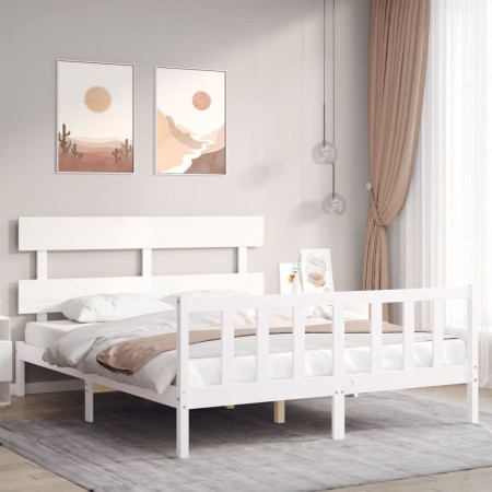 Double bed frame with white solid wood headboard by vidaXL, Beds and slatted bases - Ref: Foro24-3193277, Price: 132,54 €, Di...