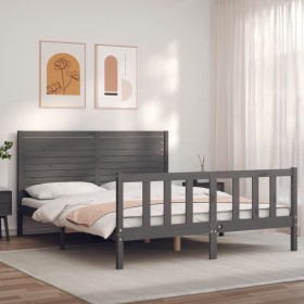 Gray solid wood bed frame with headboard 160x200 cm by vidaXL, Beds and slatted bases - Ref: Foro24-3193218, Price: 210,55 €,...