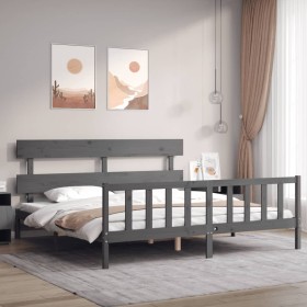 Gray solid wood bed frame with headboard 200x200 cm by vidaXL, Beds and slatted bases - Ref: Foro24-3193293, Price: 163,99 €,...