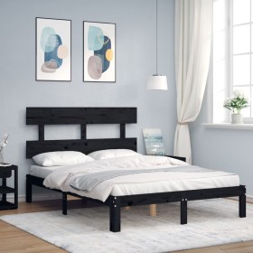 Double bed frame with black solid wood headboard by vidaXL, Beds and slatted bases - Ref: Foro24-3193505, Price: 144,79 €, Di...