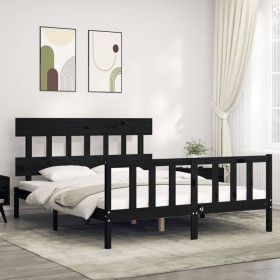 Double bed frame with black solid wood headboard by vidaXL, Beds and slatted bases - Ref: Foro24-3193345, Price: 178,99 €, Di...