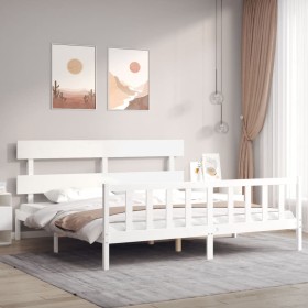 White solid wood bed frame with headboard 200x200 cm by vidaXL, Beds and slatted bases - Ref: Foro24-3193292, Price: 148,99 €...