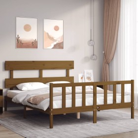 Double bed frame with honey brown wooden headboard by vidaXL, Beds and slatted bases - Ref: Foro24-3193279, Price: 152,34 €, ...