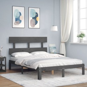 Gray solid wood bed frame with headboard 140x200 cm by vidaXL, Beds and slatted bases - Ref: Foro24-3193533, Price: 132,99 €,...