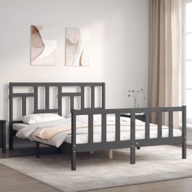 Gray solid wood bed frame with headboard 160x200 cm by vidaXL, Beds and slatted bases - Ref: Foro24-3193153, Price: 152,99 €,...