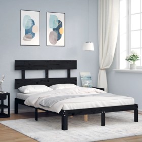 Bed frame with black solid wood headboard 140x200 cm by vidaXL, Beds and slatted bases - Ref: Foro24-3193535, Price: 151,01 €...