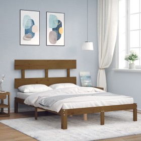 Double bed structure with honey brown wooden headboard by vidaXL, Beds and slatted bases - Ref: Foro24-3193509, Price: 141,96...