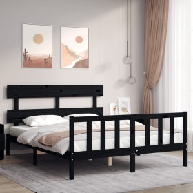 Double bed frame with black solid wood headboard by vidaXL, Beds and slatted bases - Ref: Foro24-3193280, Price: 173,99 €, Di...