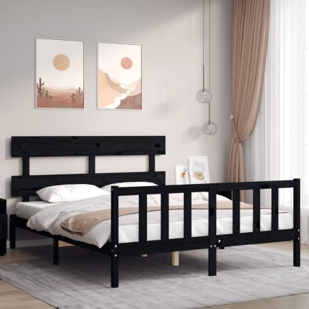 Double bed frame with black solid wood headboard by vidaXL, Beds and slatted bases - Ref: Foro24-3193280, Price: 170,94 €, Di...