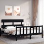 Estructura cama de matrimonio con cabecero madera maciza negro de vidaXL, Camas y somieres - Ref: Foro24-3193280, Precio: 173...