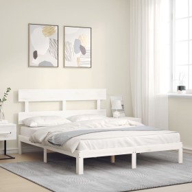 Double bed frame with white solid wood headboard by vidaXL, Beds and slatted bases - Ref: Foro24-3193537, Price: 136,99 €, Di...