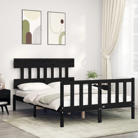 Double bed frame with black solid wood headboard by vidaXL, Beds and slatted bases - Ref: Foro24-3193315, Price: 166,29 €, Di...