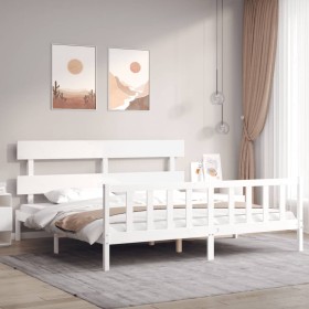 Double bed frame with white solid wood headboard by vidaXL, Beds and slatted bases - Ref: Foro24-3193287, Price: 158,00 €, Di...