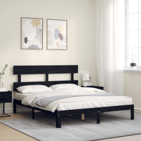 Bed frame with black solid wood headboard 160x200 cm by vidaXL, Beds and slatted bases - Ref: Foro24-3193545, Price: 163,99 €...