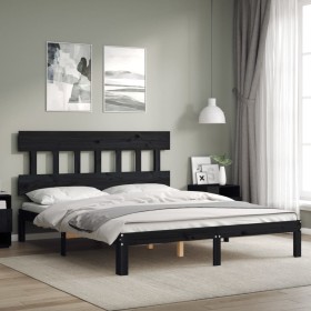 Double bed frame with black solid wood headboard by vidaXL, Beds and slatted bases - Ref: Foro24-3193605, Price: 153,99 €, Di...