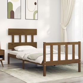 Estructura de cama con cabecero madera maciza marrón miel de vidaXL, Camas y somieres - Ref: Foro24-3193299, Precio: 100,99 €...