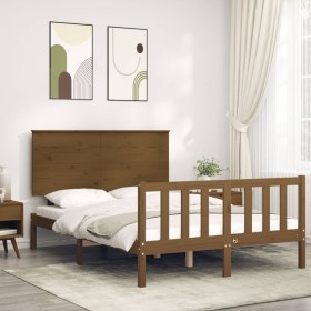 Double bed frame with honey brown wooden headboard by vidaXL, Beds and slatted bases - Ref: Foro24-3193374, Price: 139,99 €, ...