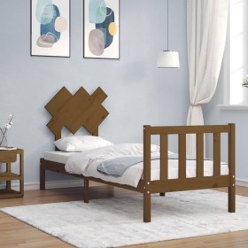 Honey brown solid wood bed frame with headboard by vidaXL, Beds and slatted bases - Ref: Foro24-3193429, Price: 98,99 €, Disc...