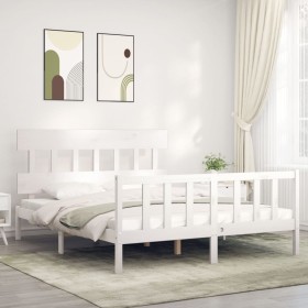 Double bed frame with white solid wood headboard by vidaXL, Beds and slatted bases - Ref: Foro24-3193342, Price: 136,99 €, Di...