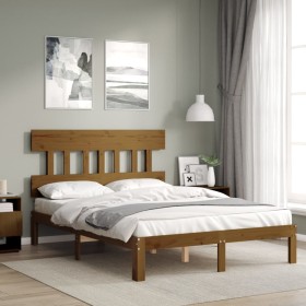 Double bed frame with honey brown wooden headboard by vidaXL, Beds and slatted bases - Ref: Foro24-3193569, Price: 168,99 €, ...