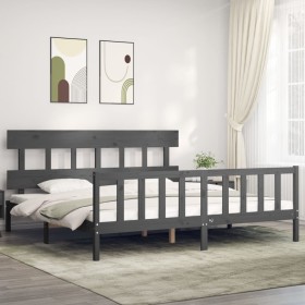 Double bed frame with gray solid wood headboard by vidaXL, Beds and slatted bases - Ref: Foro24-3193353, Price: 165,99 €, Dis...