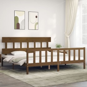 Honey brown solid wood bed frame with headboard by vidaXL, Beds and slatted bases - Ref: Foro24-3193354, Price: 161,99 €, Dis...