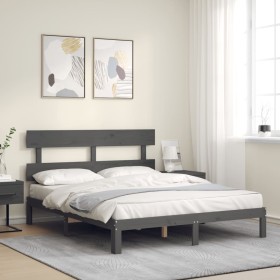 Double bed frame with gray solid wood headboard by vidaXL, Beds and slatted bases - Ref: Foro24-3193538, Price: 148,99 €, Dis...