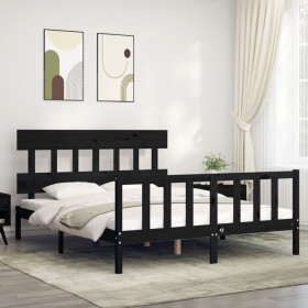 Bed frame with black solid wood headboard 160x200 cm by vidaXL, Beds and slatted bases - Ref: Foro24-3193350, Price: 181,99 €...