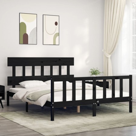 Bed frame with black solid wood headboard 160x200 cm by vidaXL, Beds and slatted bases - Ref: Foro24-3193350, Price: 178,06 €...