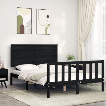 Double bed frame with black solid wood headboard by vidaXL, Beds and slatted bases - Ref: Foro24-3193380, Price: 182,99 €, Di...