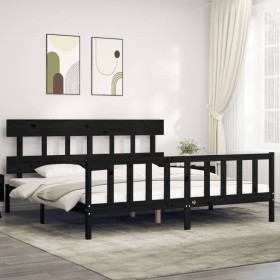 Double bed frame with black solid wood headboard by vidaXL, Beds and slatted bases - Ref: Foro24-3193355, Price: 194,99 €, Di...