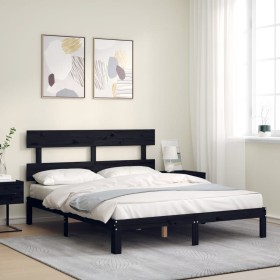 Estructura cama de matrimonio con cabecero madera maciza negro de vidaXL, Camas y somieres - Ref: Foro24-3193540, Precio: 149...