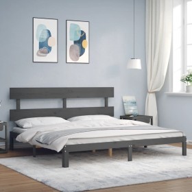 Gray solid wood bed frame with headboard 200x200cm by vidaXL, Beds and slatted bases - Ref: Foro24-3193553, Price: 169,05 €, ...