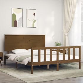 Honey brown wooden bed frame with headboard 160x200 cm by vidaXL, Beds and slatted bases - Ref: Foro24-3193414, Price: 187,99...