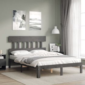 Gray solid wood bed frame with headboard 140x200 cm by vidaXL, Beds and slatted bases - Ref: Foro24-3193598, Price: 136,99 €,...