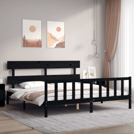 Double bed frame with black solid wood headboard by vidaXL, Beds and slatted bases - Ref: Foro24-3193290, Price: 187,95 €, Di...