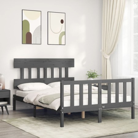 Double bed frame with gray solid wood headboard by vidaXL, Beds and slatted bases - Ref: Foro24-3193313, Price: 140,09 €, Dis...