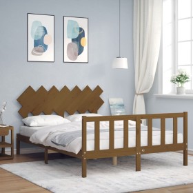 Double bed frame with honey brown wooden headboard by vidaXL, Beds and slatted bases - Ref: Foro24-3193474, Price: 154,86 €, ...