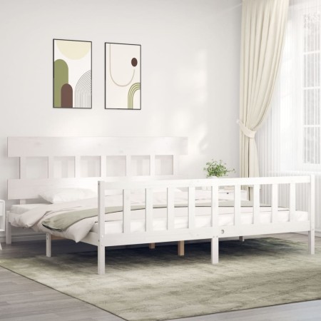 White solid wood bed frame with headboard 200x200cm by vidaXL, Beds and slatted bases - Ref: Foro24-3193357, Price: 149,60 €,...