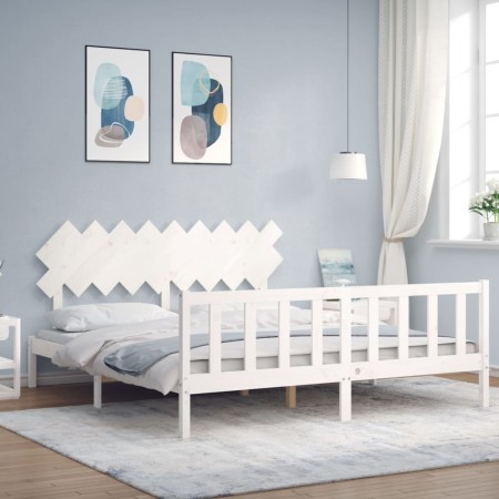 Double bed frame with white solid wood headboard by vidaXL, Beds and slatted bases - Ref: Foro24-3193482, Price: 167,02 €, Di...