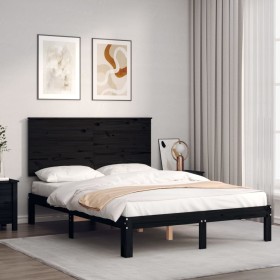 Double bed frame with black solid wood headboard by vidaXL, Beds and slatted bases - Ref: Foro24-3193635, Price: 153,00 €, Di...