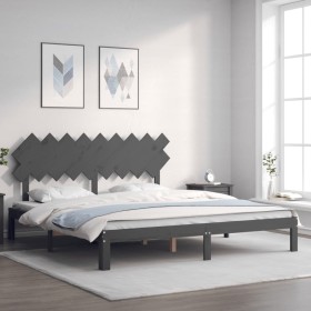 Estructura cama de matrimonio con cabecero madera maciza gris de vidaXL, Camas y somieres - Ref: Foro24-3193743, Precio: 163,...