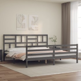 Gray solid wood bed frame with headboard 200x200cm by vidaXL, Beds and slatted bases - Ref: Foro24-3194918, Price: 169,27 €, ...