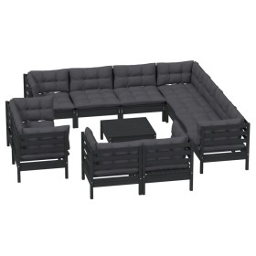 Muebles de jardín 12 pzas con cojines negro madera maciza pino de vidaXL, Conjuntos de jardín - Ref: Foro24-3096945, Precio: ...