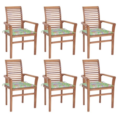 Dining chairs 6 pcs teak wood and leaf printed cushions by vidaXL, Garden chairs - Ref: Foro24-3072958, Price: 496,93 €, Disc...