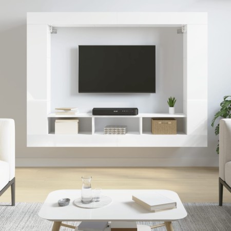 Mueble de TV madera de ingeniería blanco brillo 152x22x113 cm de vidaXL, Armarios y almacenamiento - Ref: Foro24-833726, Prec...