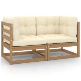 Garden sofa, 2 seats, with solid pine wood frame and honey-colored cushions. by vidaXL, Modular outdoor sofas - Ref: Foro24-8...