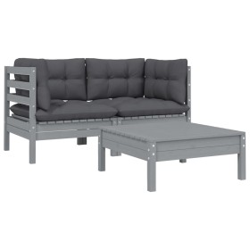 Garden furniture set 3 pieces with gray cushions solid pine wood by vidaXL, Modular outdoor sofas - Ref: Foro24-806678, Price...