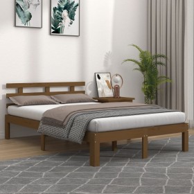 Estructura de cama doble madera maciza marrón miel 135x190 cm de vidaXL, Camas y somieres - Ref: Foro24-814732, Precio: 141,9...