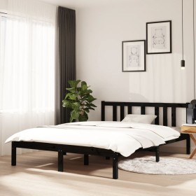 Black solid wood double bed frame 135x190 cm by vidaXL, Beds and slatted bases - Ref: Foro24-814863, Price: 119,69 €, Discoun...